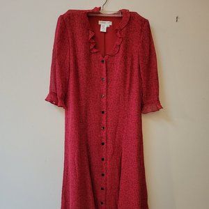 Coldwater Creek Dress 3/4 length Red with Black leaves and buttons